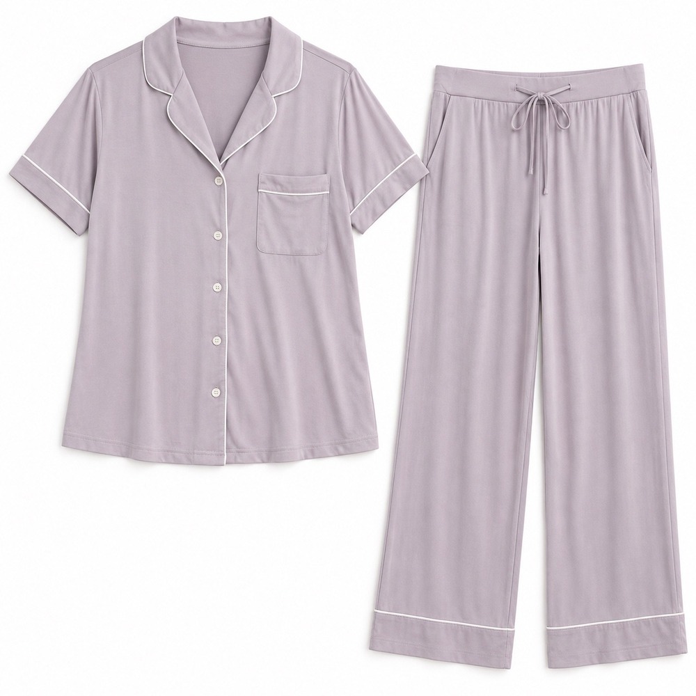 Cozy Earth Bamboo Pajama Set L Lilac Short Sleeve Wide Leg Pants Lounge